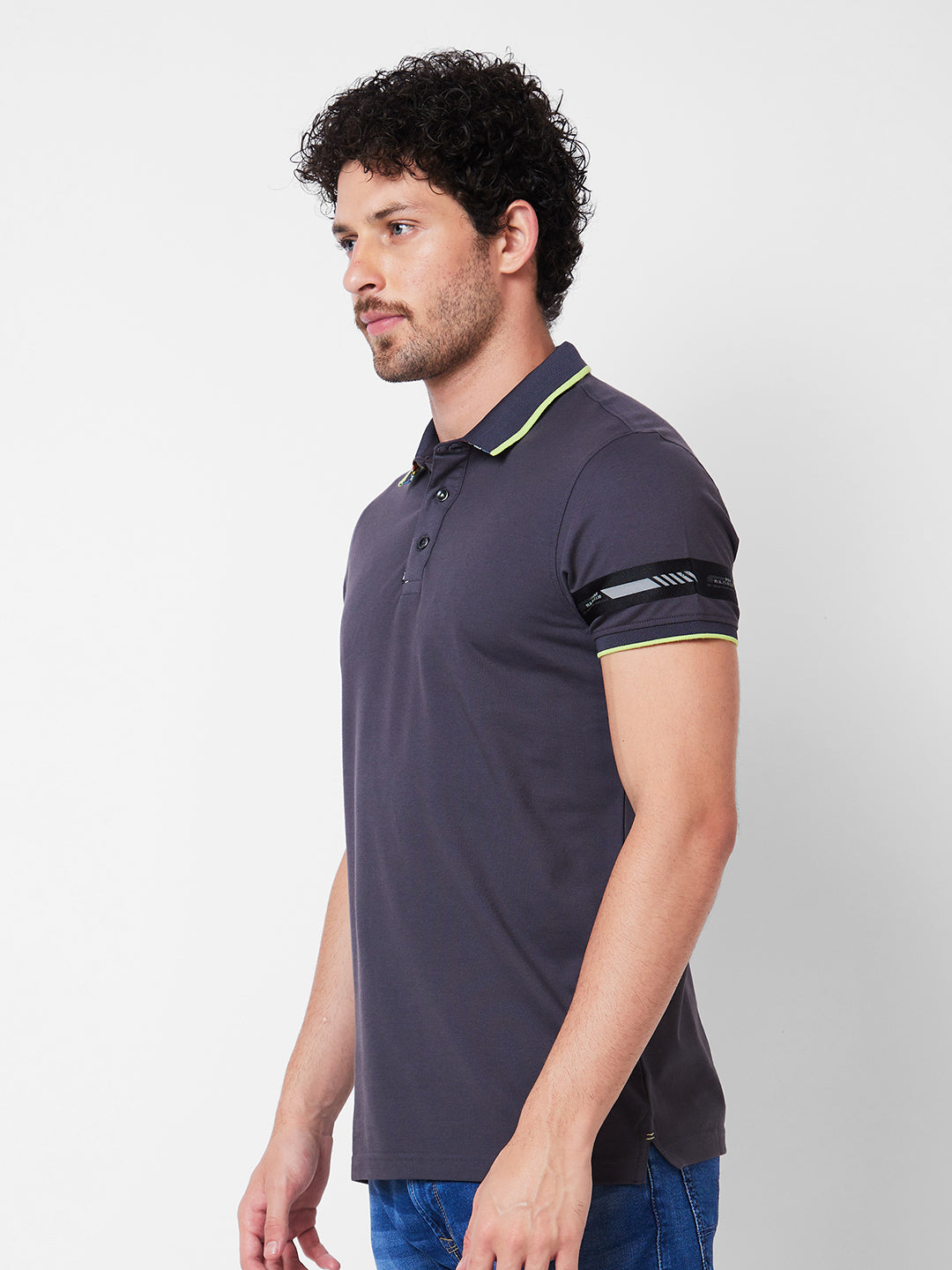 Spykar Polo Collar Half Sleeves Grey T-Shirt  For Men