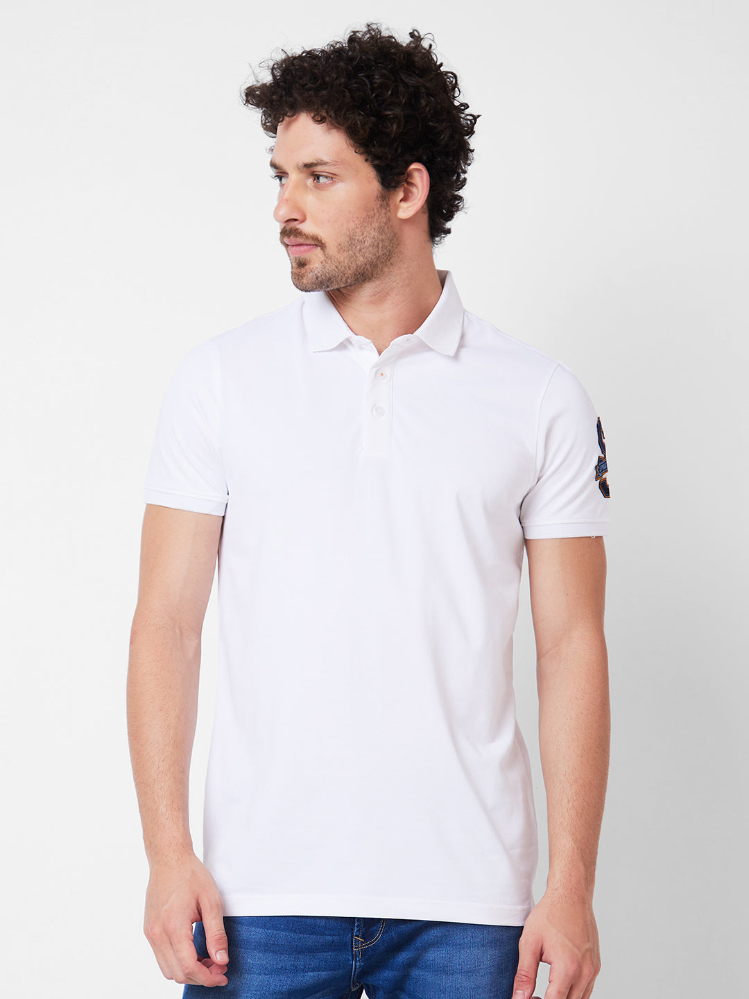 Spykar Polo Collar Half Sleeves White T-Shirt  For Men