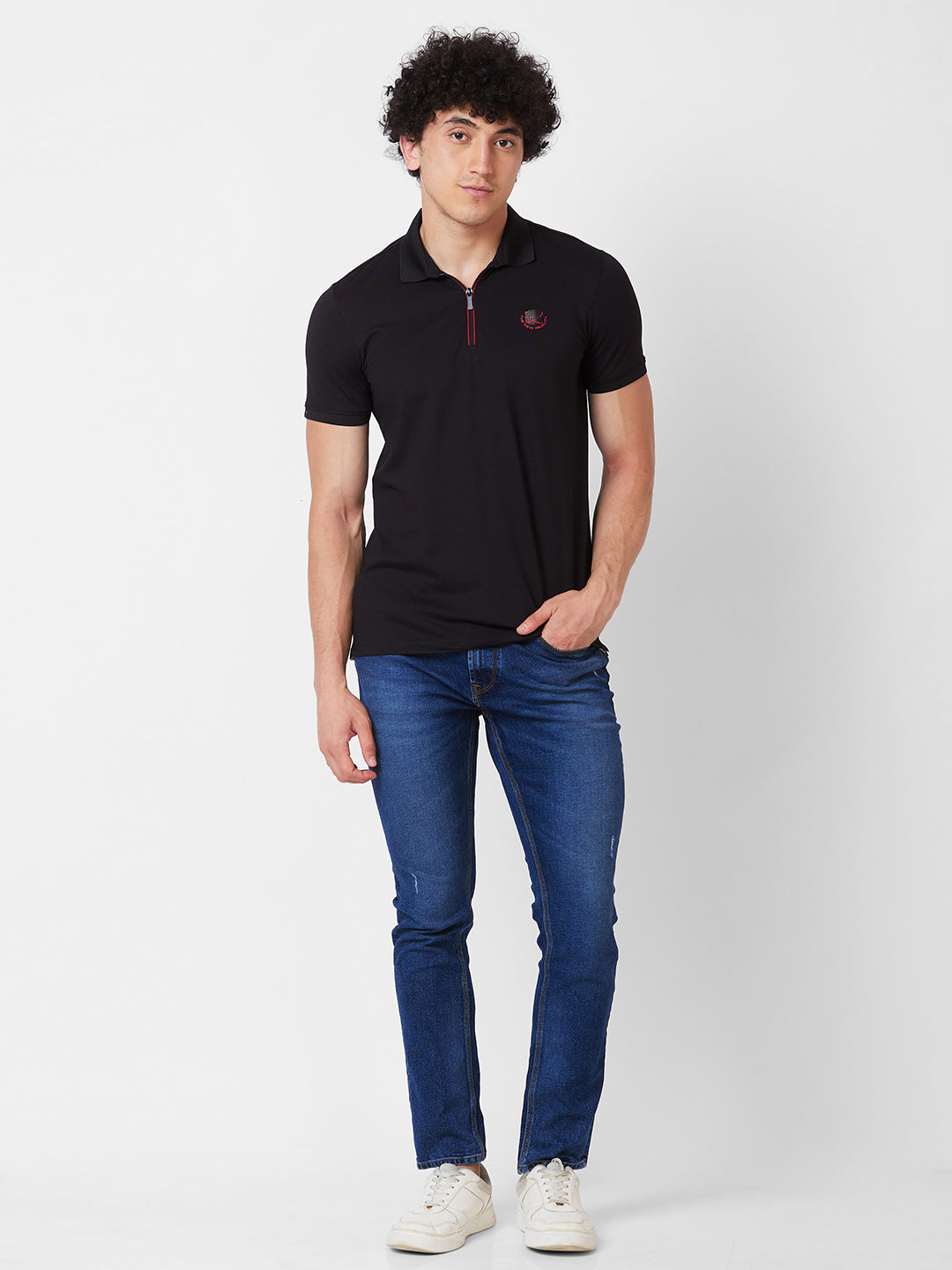 Spykar SLIM FIT Black Polo T-shirt  For Men