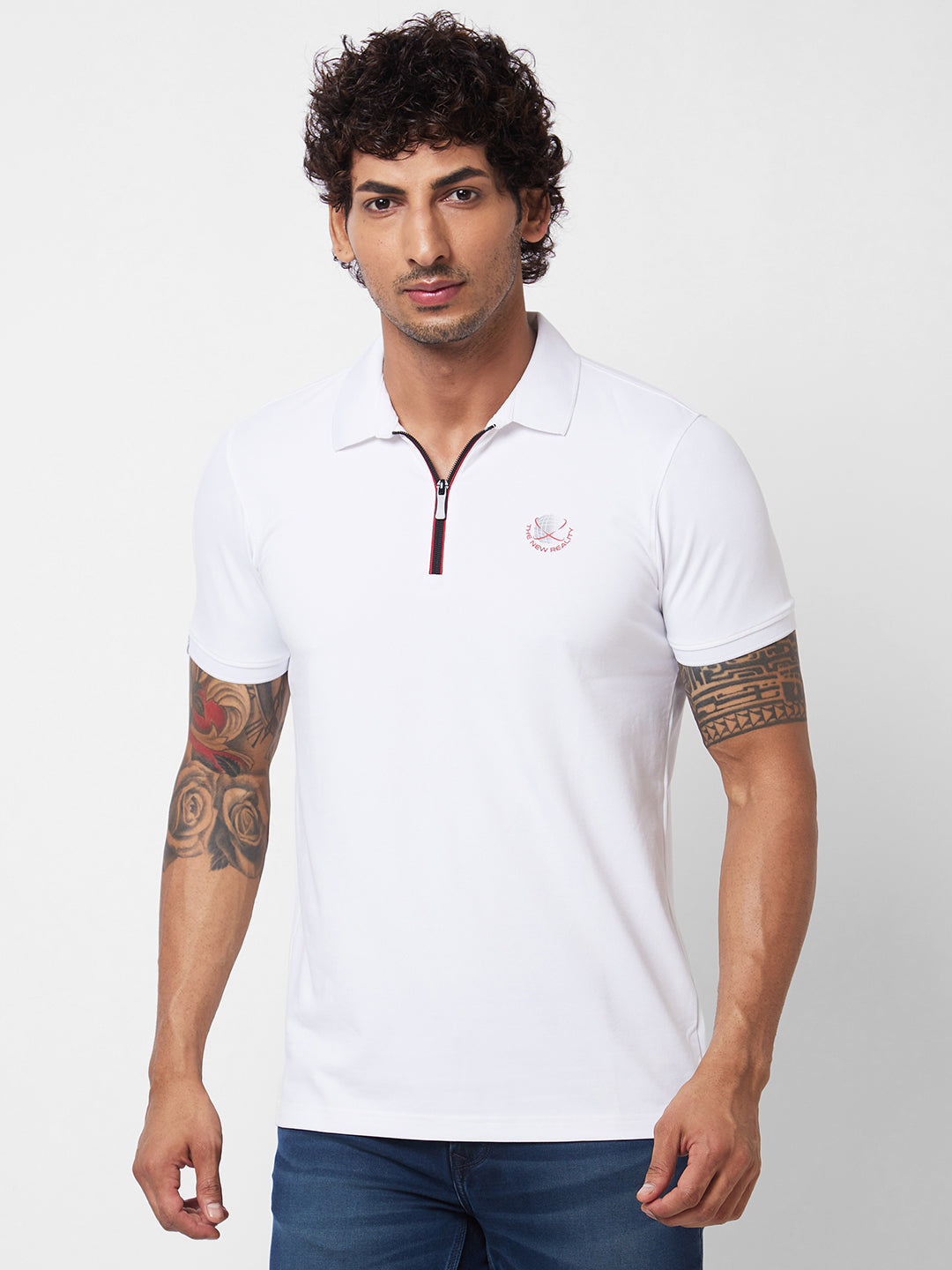 Spykar SLIM FIT White Polo T-shirt  For Men