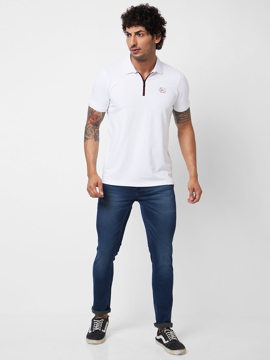 Spykar SLIM FIT White Polo T-shirt  For Men