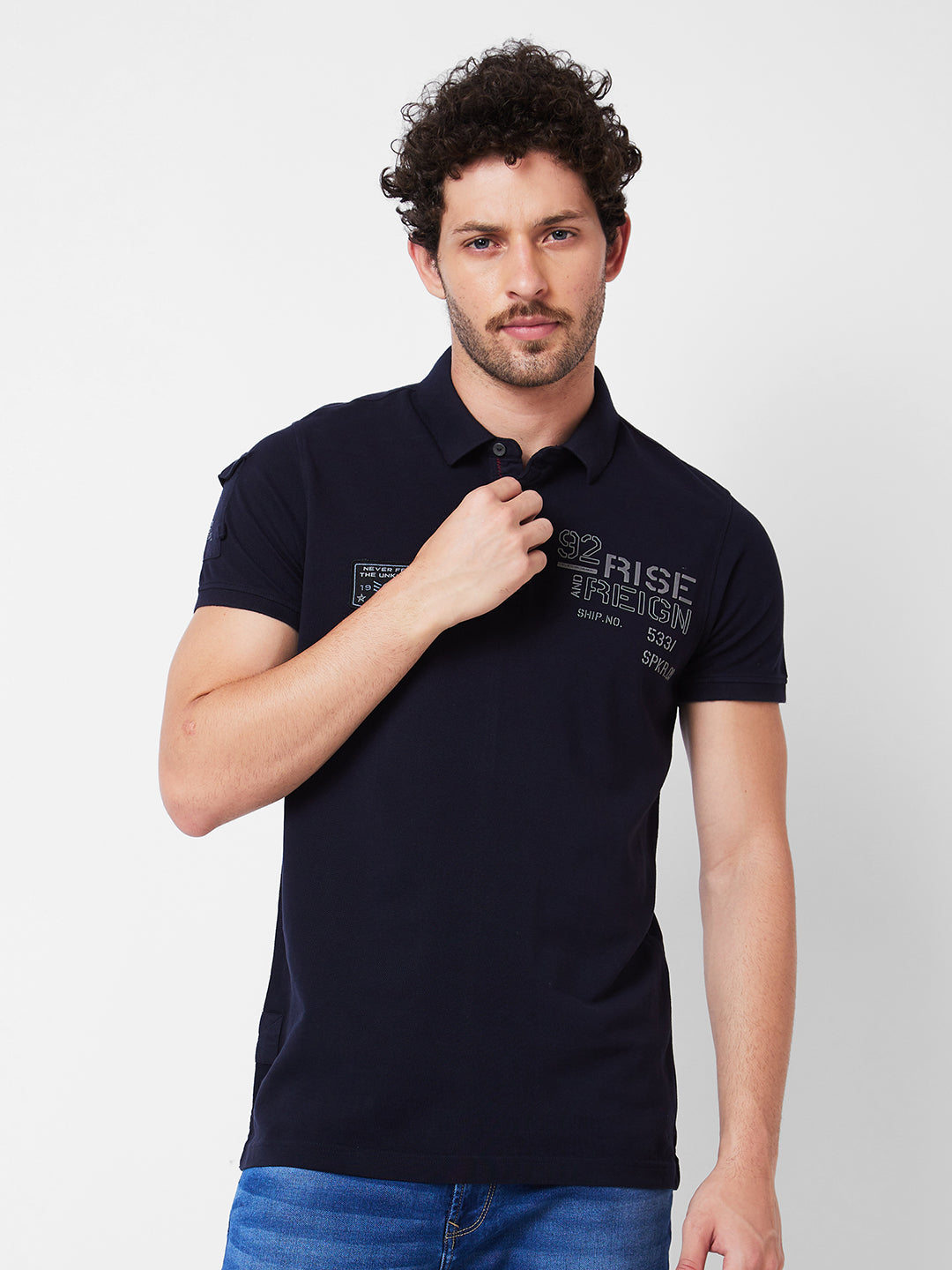 Spykar Polo Collar Half Sleeves Blue T-Shirt  For Men