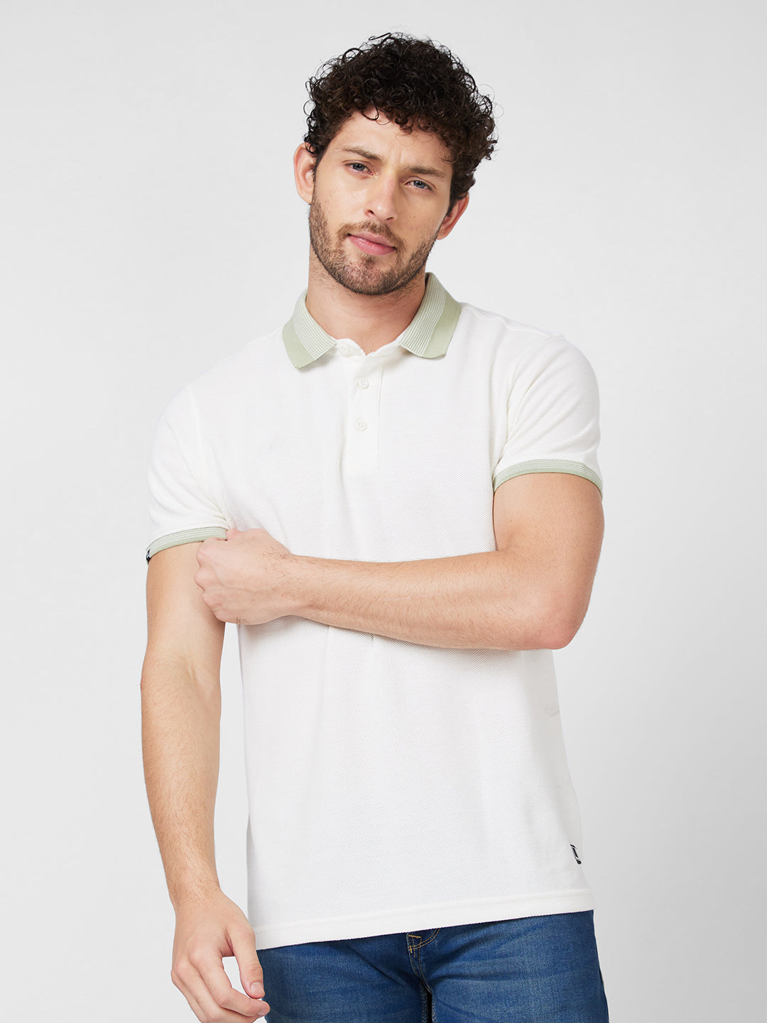 Spykar Polo Neck Half Sleeve Off White Solid T-Shirt For Men