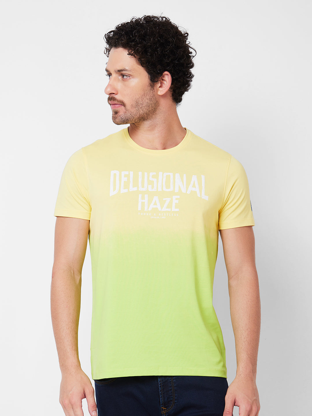 Spykar Round Neck Half Sleeves Yellow T-Shirt  For Men