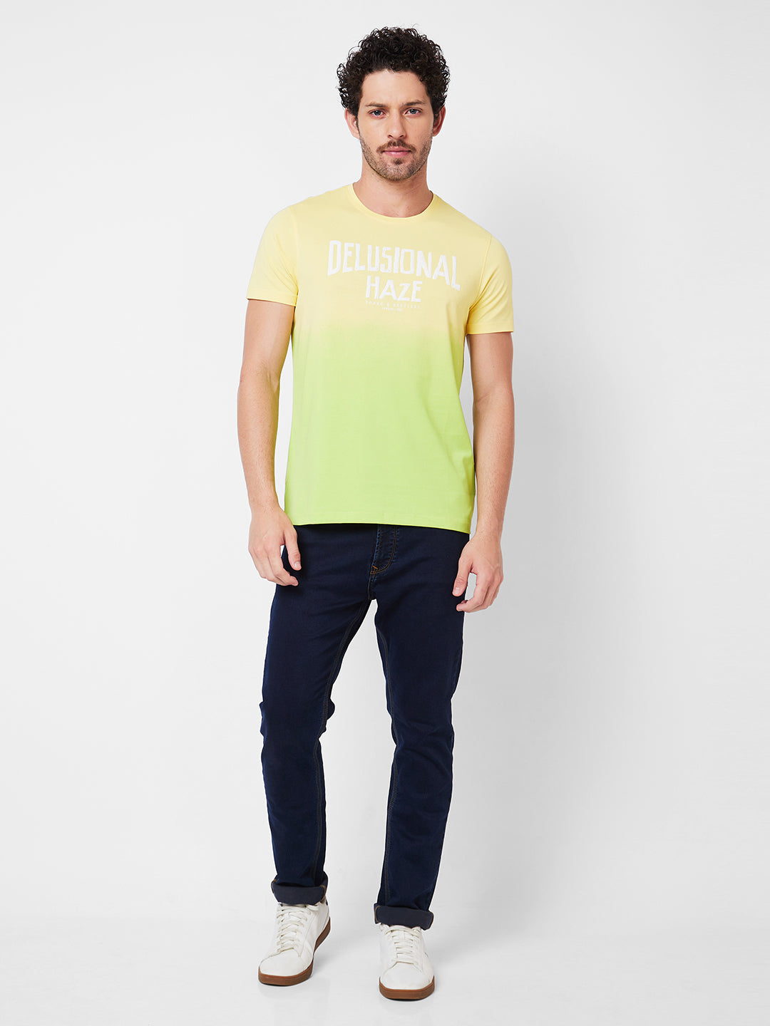 Spykar Round Neck Half Sleeves Yellow T-Shirt  For Men