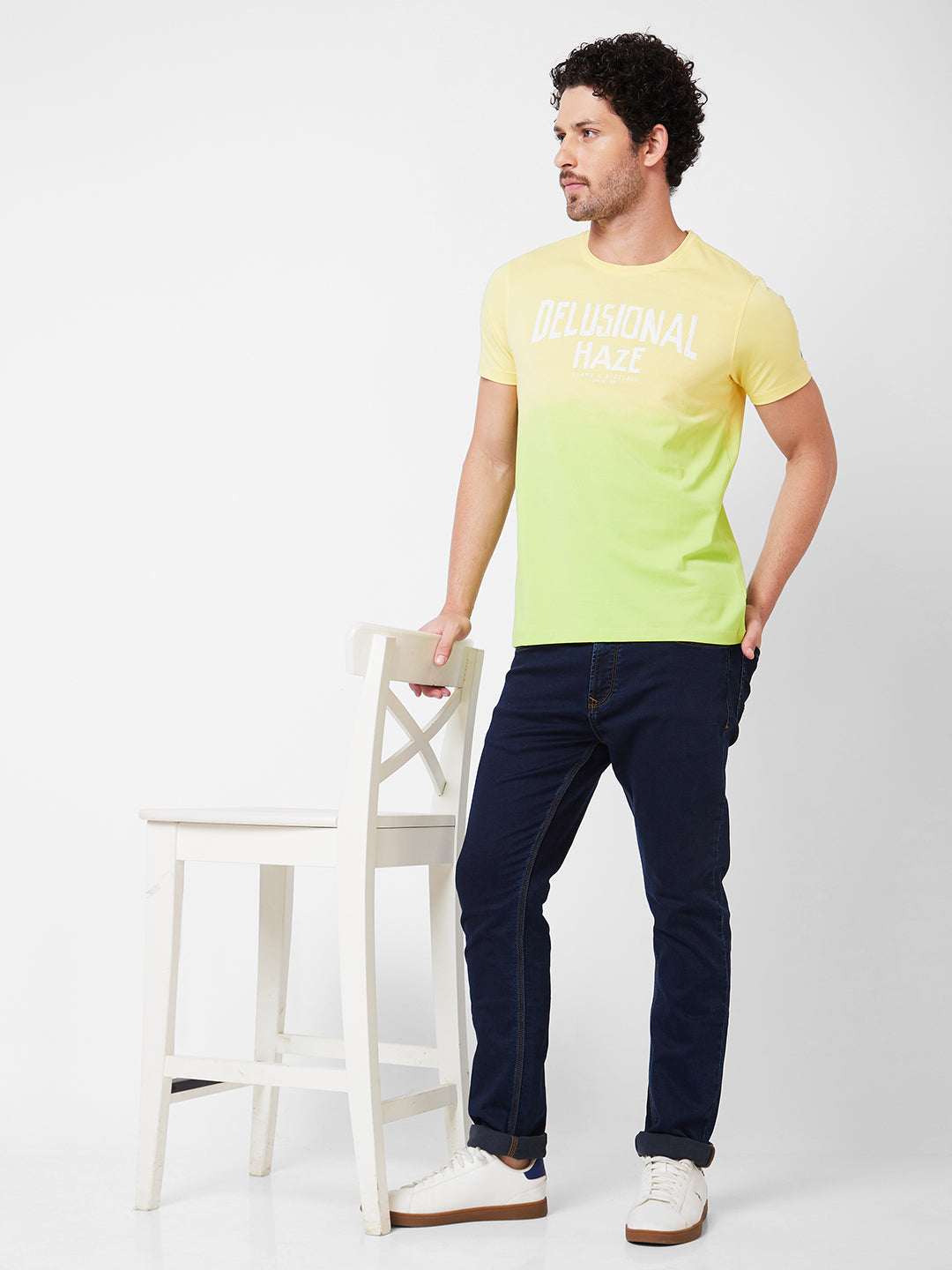 Spykar Round Neck Half Sleeves Yellow T-Shirt  For Men