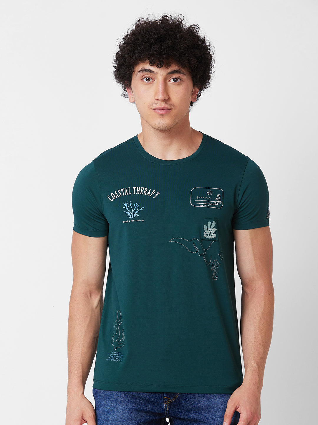 Spykar ROUND NECK HALF SLEEVES Green T-shirt  For Men