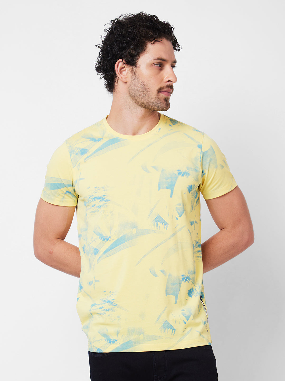 Spykar Round Neck Half Sleeves Yellow T-Shirt  For Men