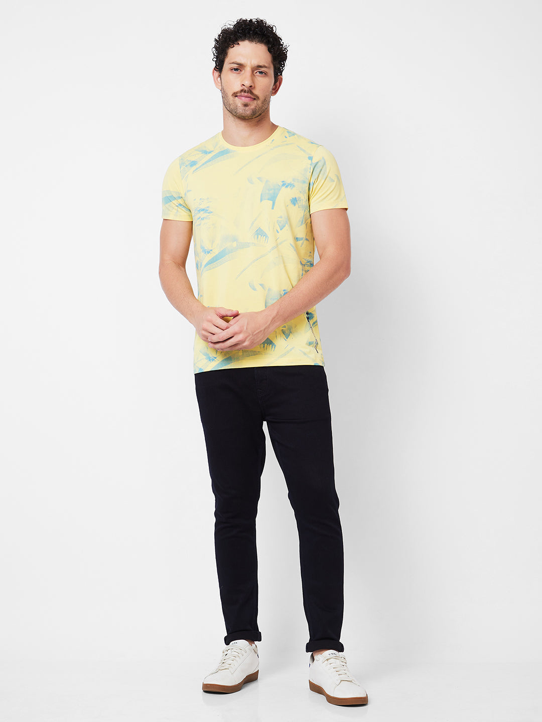 Spykar Round Neck Half Sleeves Yellow T-Shirt  For Men