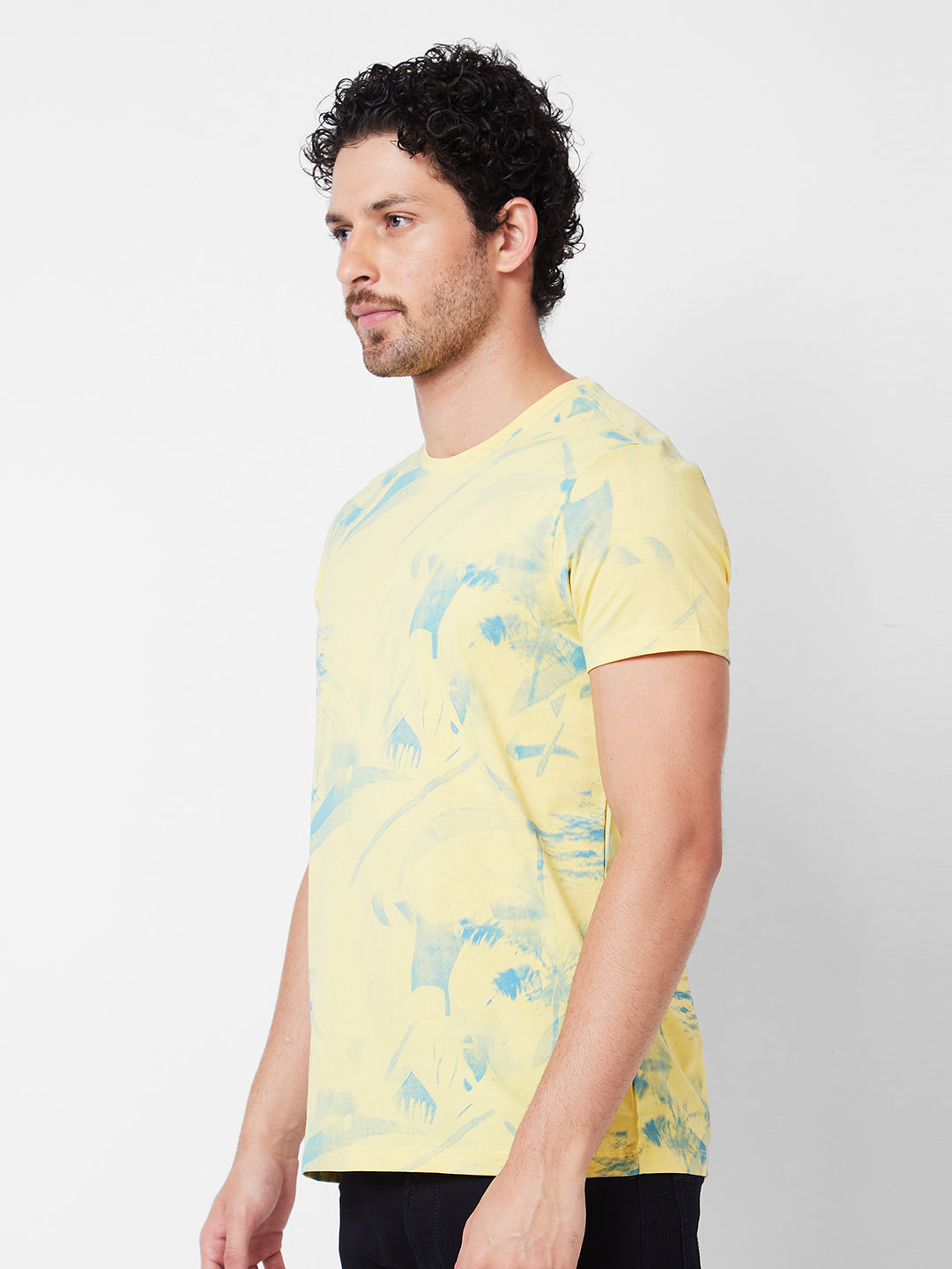 Spykar Round Neck Half Sleeves Yellow T-Shirt  For Men