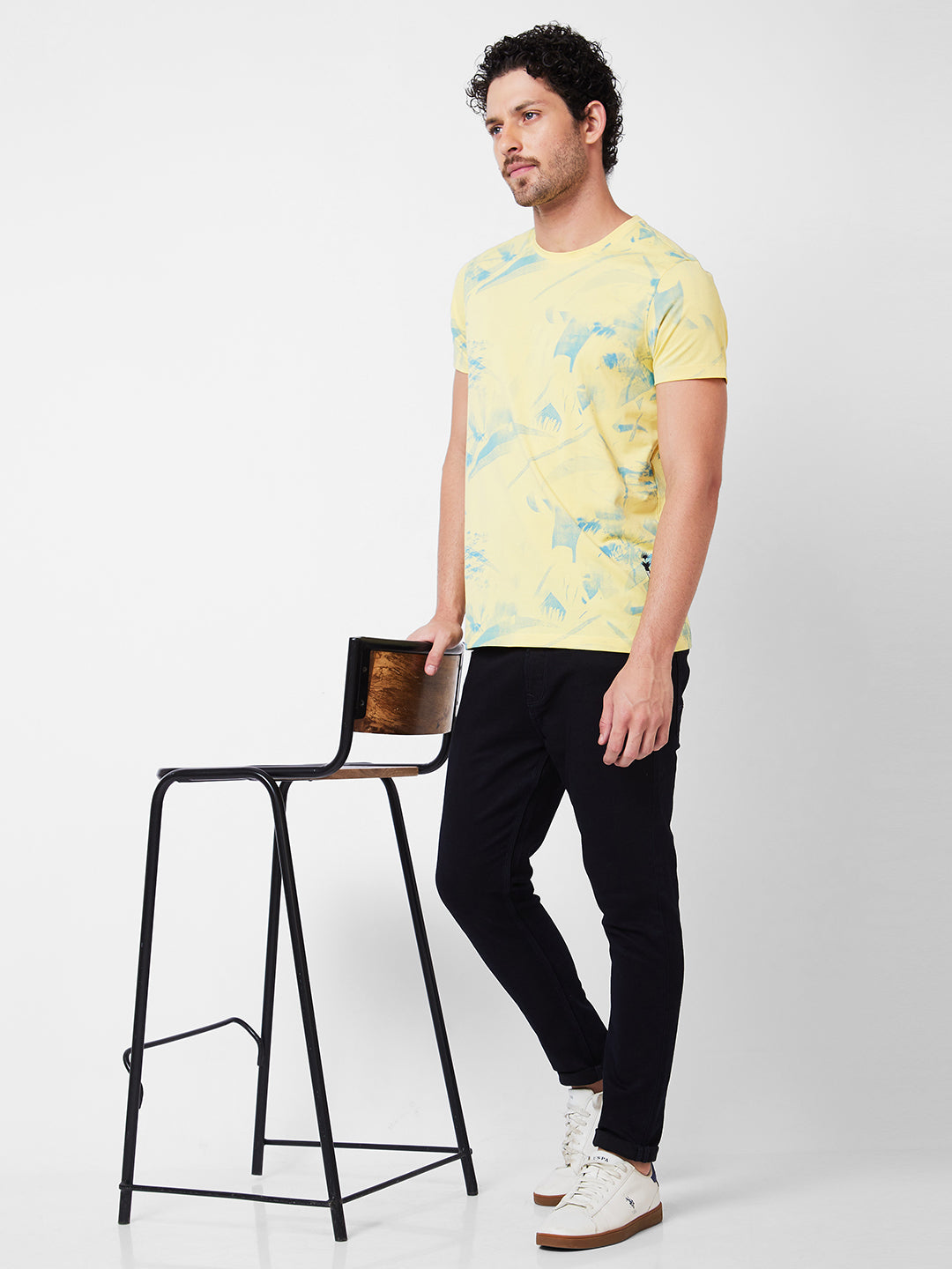 Spykar Round Neck Half Sleeves Yellow T-Shirt  For Men