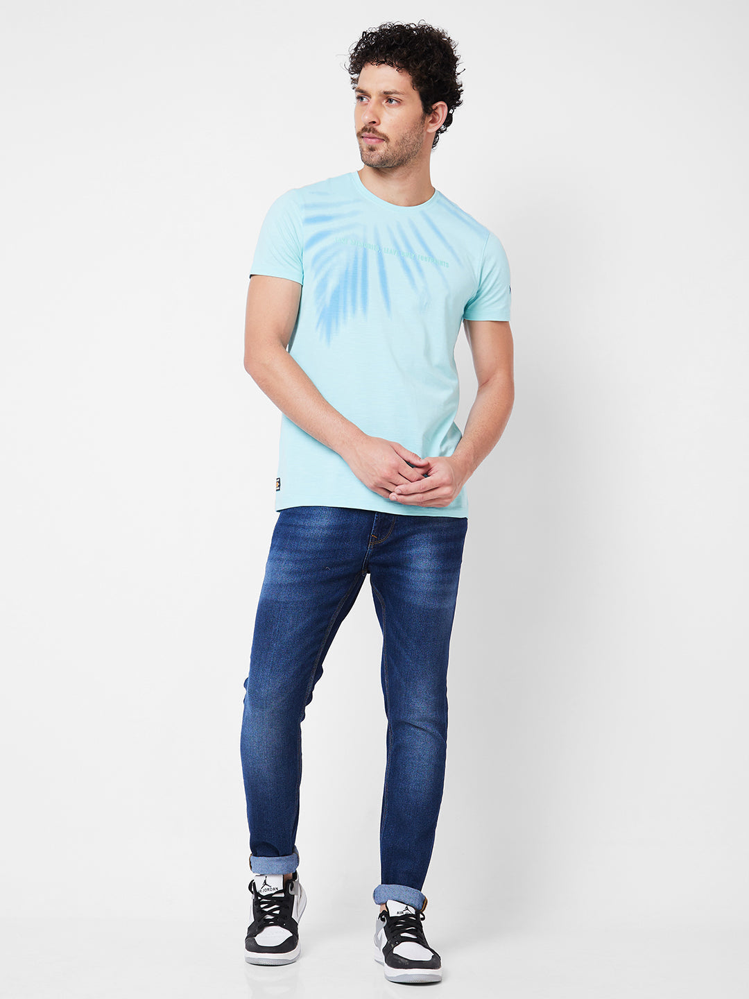 Spykar Round Neck Half Sleeves Blue T-Shirt  For Men