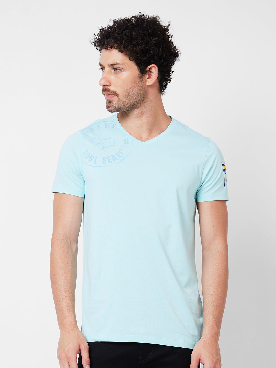 Spykar V Neck Half Sleeves Blue T-Shirt  For Men