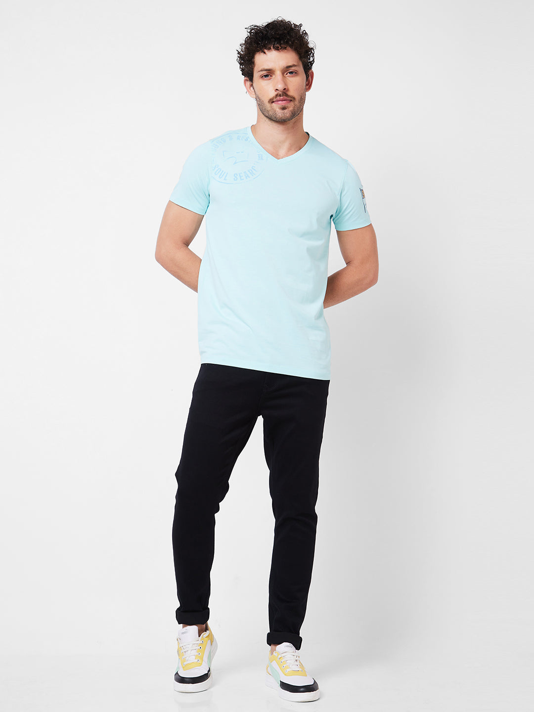 Spykar V Neck Half Sleeves Blue T-Shirt  For Men