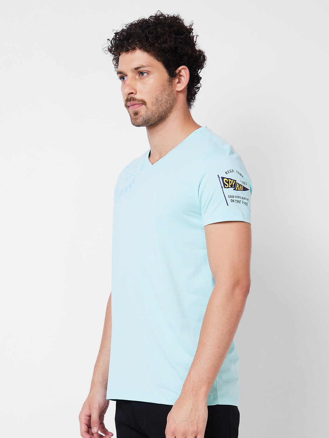 Spykar V Neck Half Sleeves Blue T-Shirt  For Men