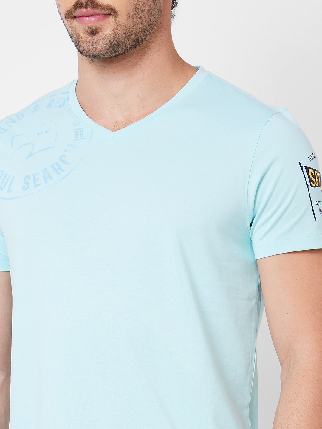 Spykar V Neck Half Sleeves Blue T-Shirt  For Men