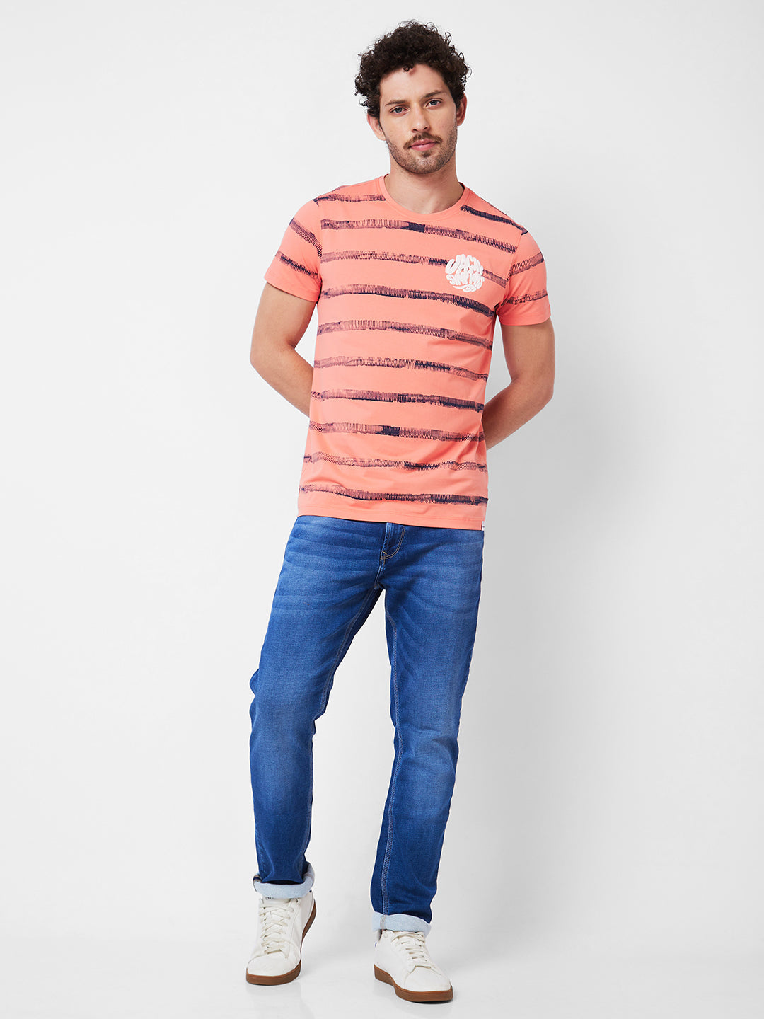 Spykar Round Neck Half Sleeves Peach T-Shirt  For Men