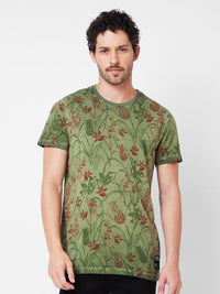 Spykar Round Neck Half Sleeves Green T-Shirt  For Men