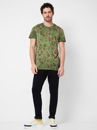 Spykar Round Neck Half Sleeves Green T-Shirt  For Men