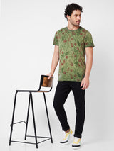 Spykar Round Neck Half Sleeves Green T-Shirt  For Men