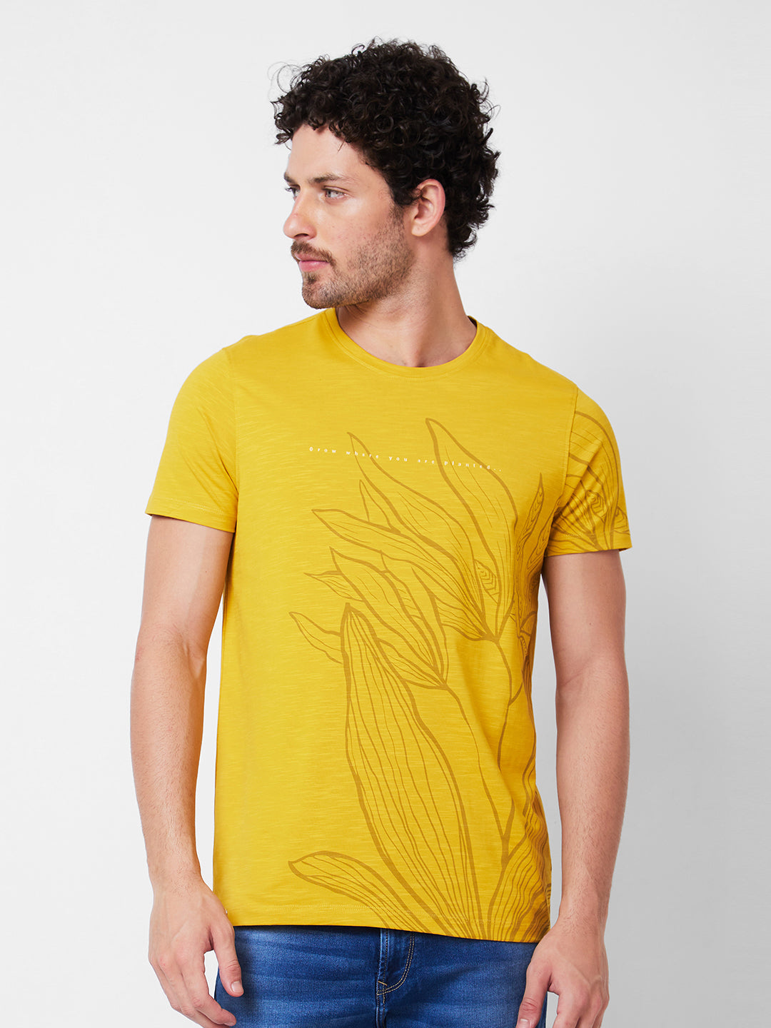 Spykar Round Neck Half Sleeves Yellow T-Shirt  For Men