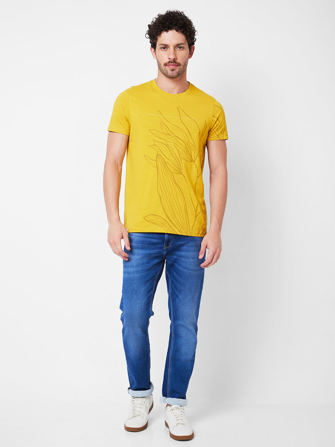 Spykar Round Neck Half Sleeves Yellow T-Shirt  For Men