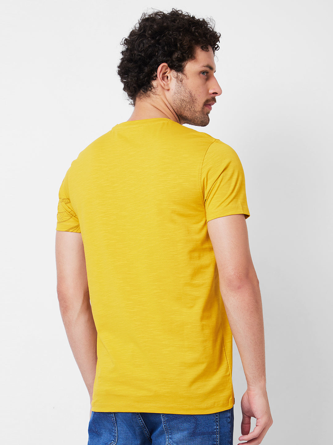 Spykar Round Neck Half Sleeves Yellow T-Shirt  For Men