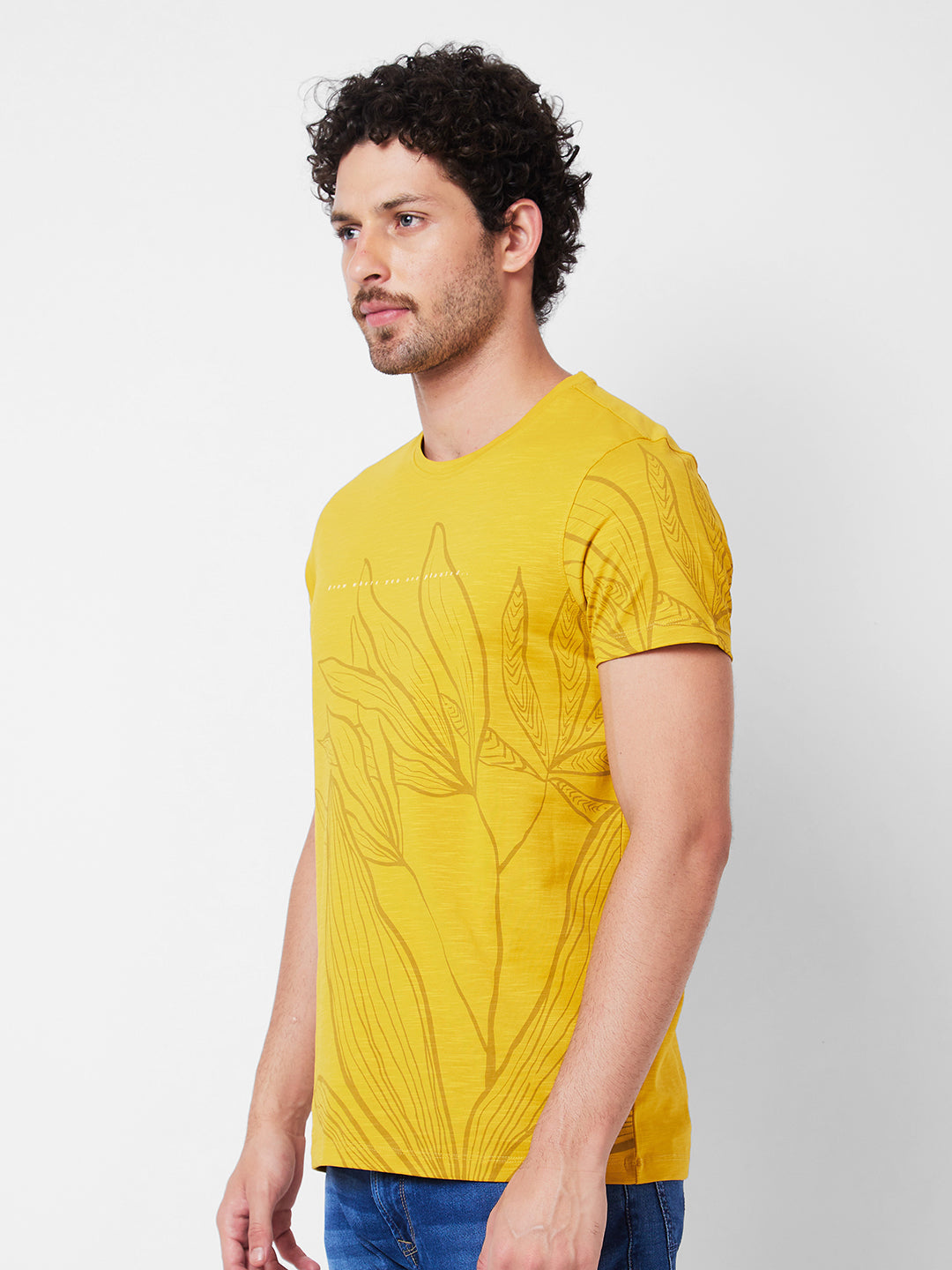 Spykar Round Neck Half Sleeves Yellow T-Shirt  For Men