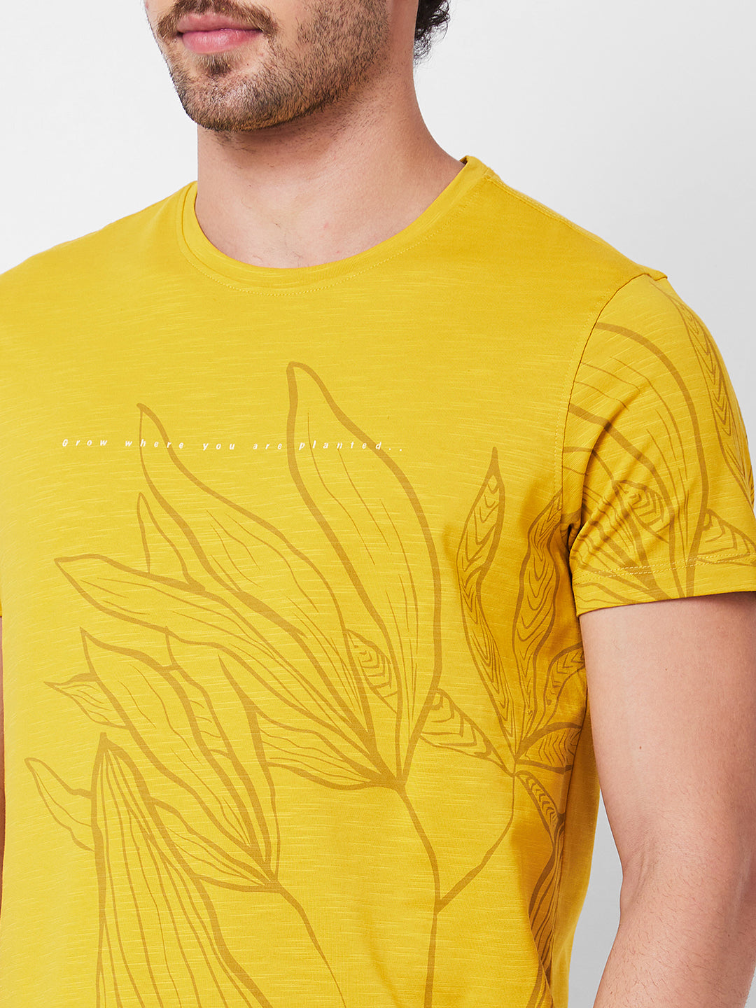 Spykar Round Neck Half Sleeves Yellow T-Shirt  For Men