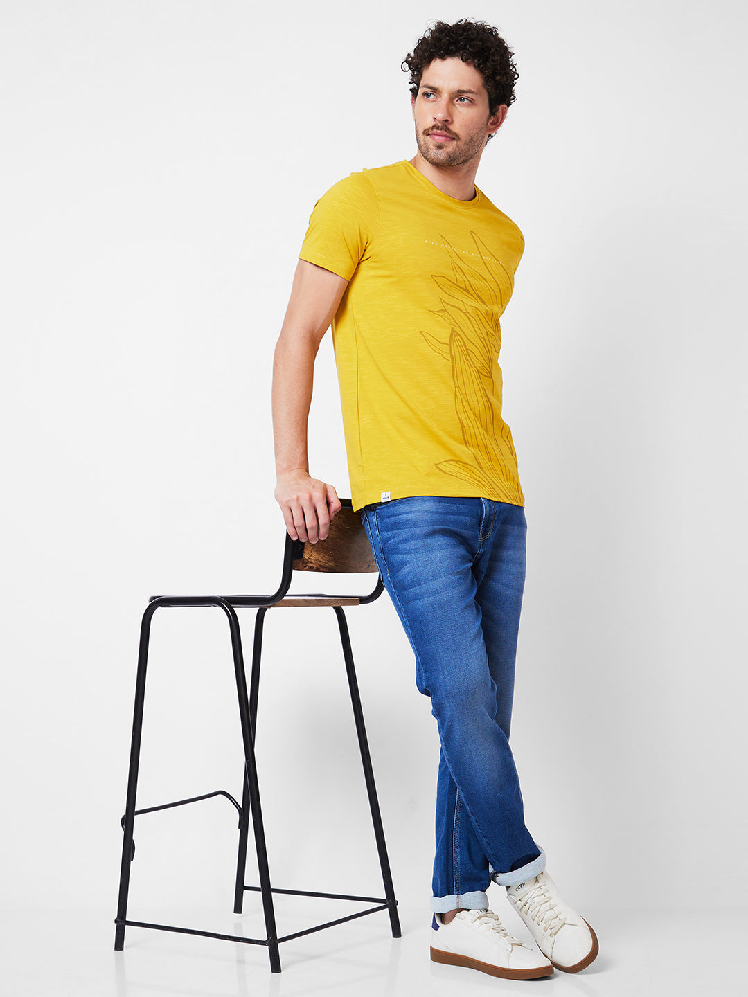 Spykar Round Neck Half Sleeves Yellow T-Shirt  For Men