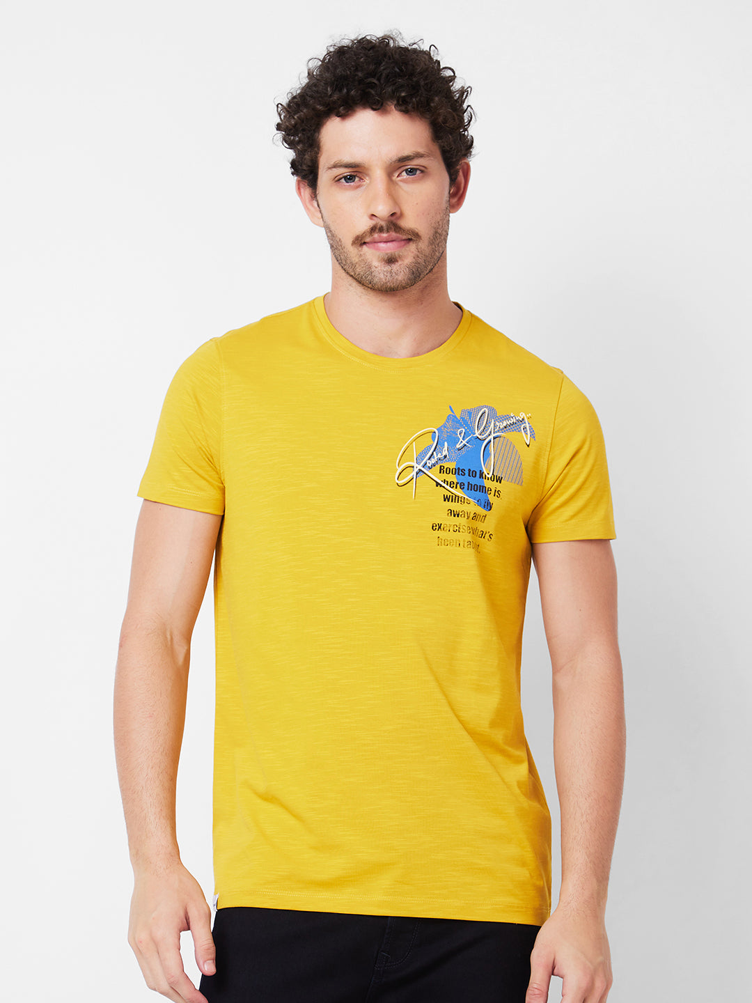 Spykar Round Neck Half Sleeves Yellow T-Shirt  For Men