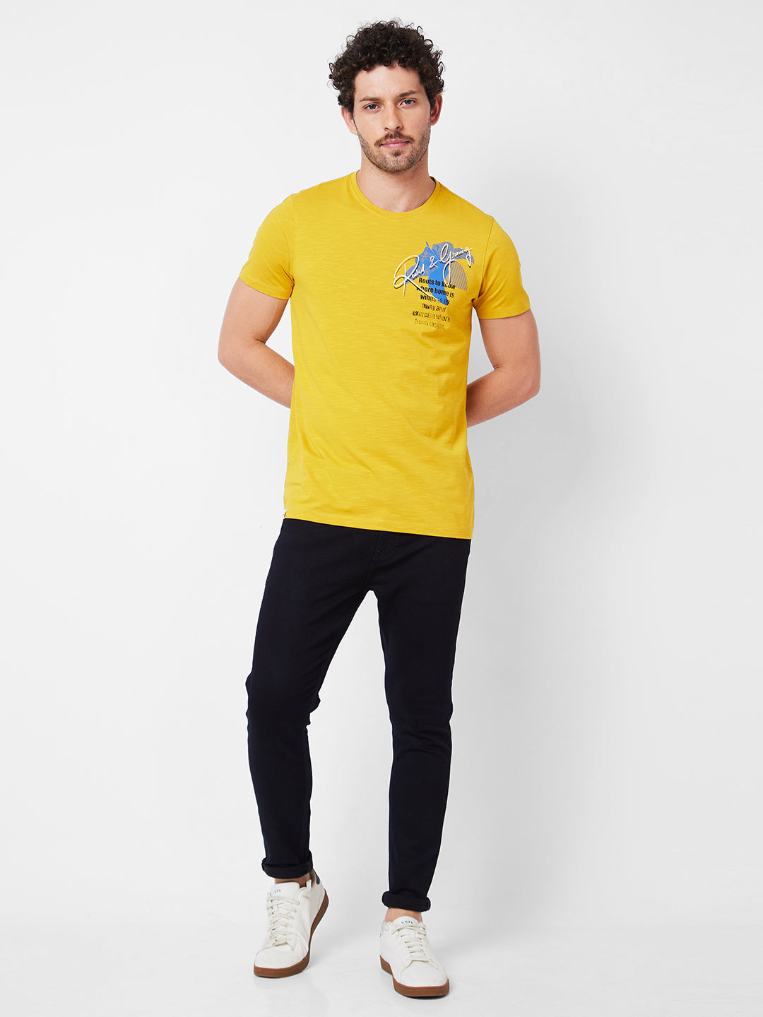 Spykar Round Neck Half Sleeves Yellow T-Shirt  For Men