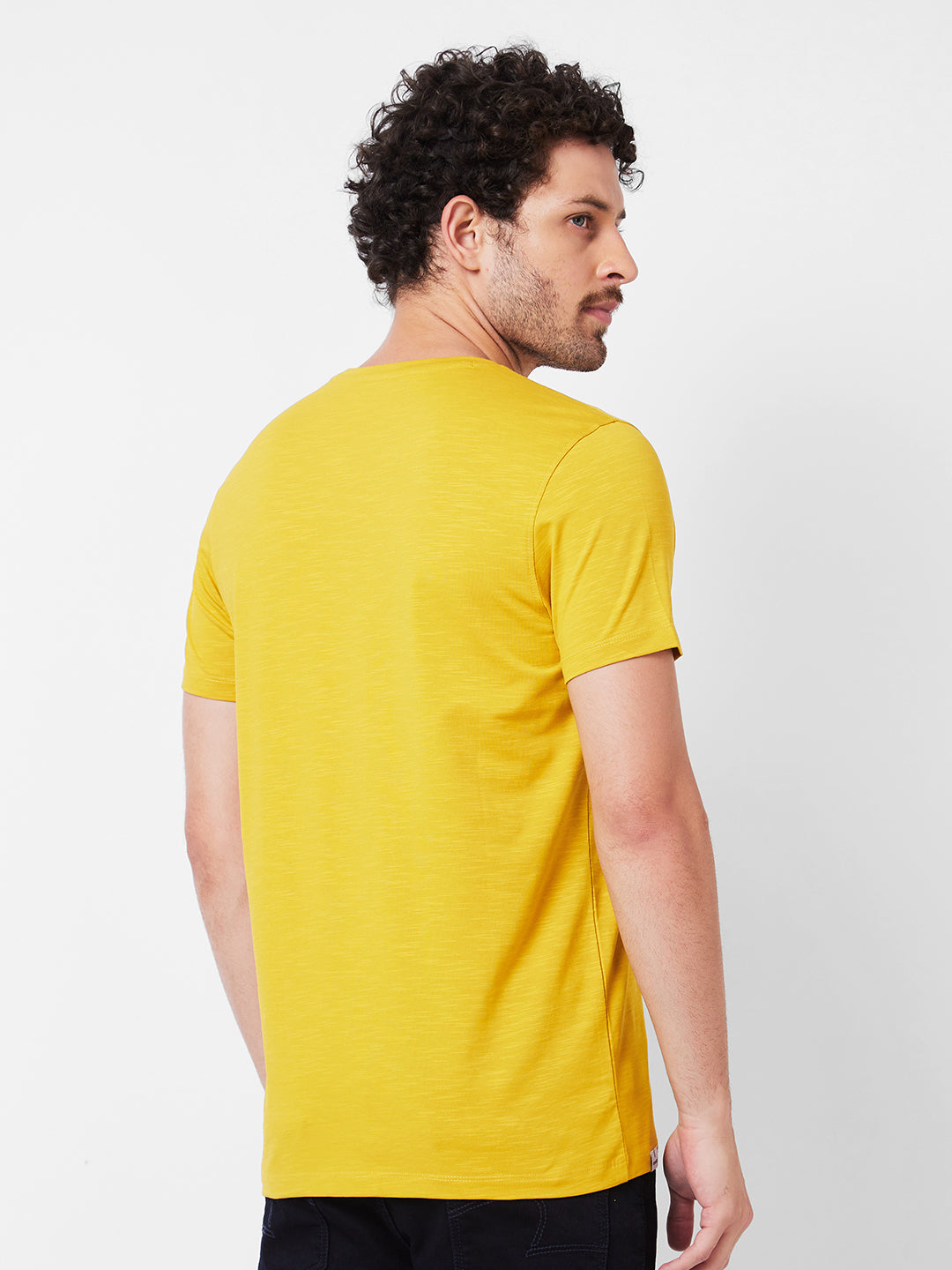 Spykar Round Neck Half Sleeves Yellow T-Shirt  For Men