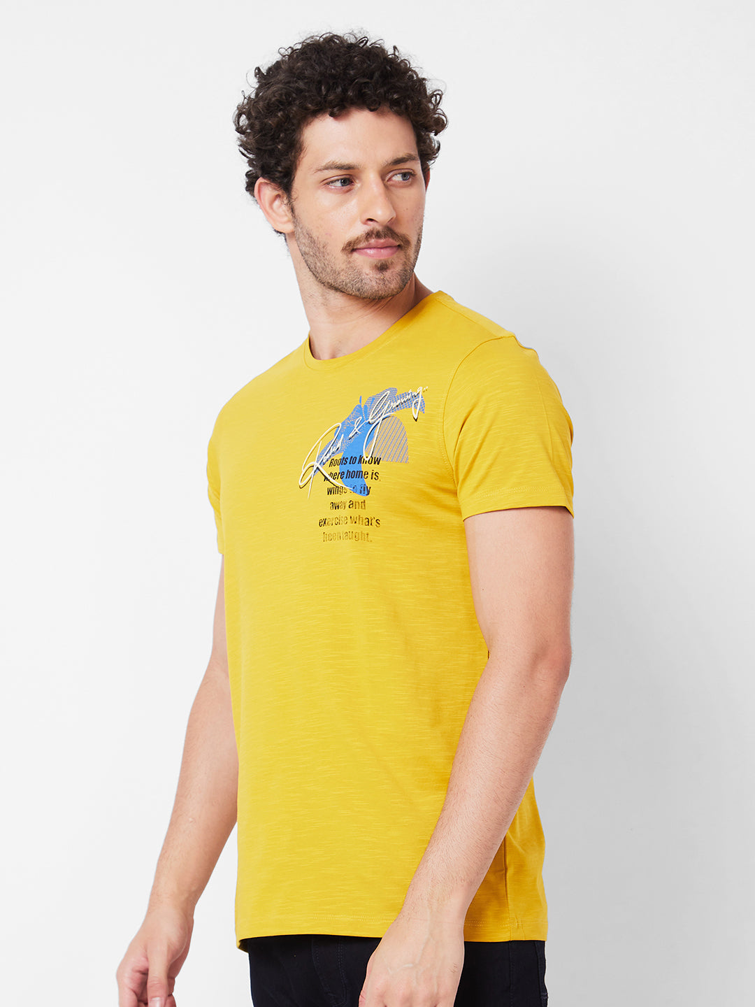 Spykar Round Neck Half Sleeves Yellow T-Shirt  For Men