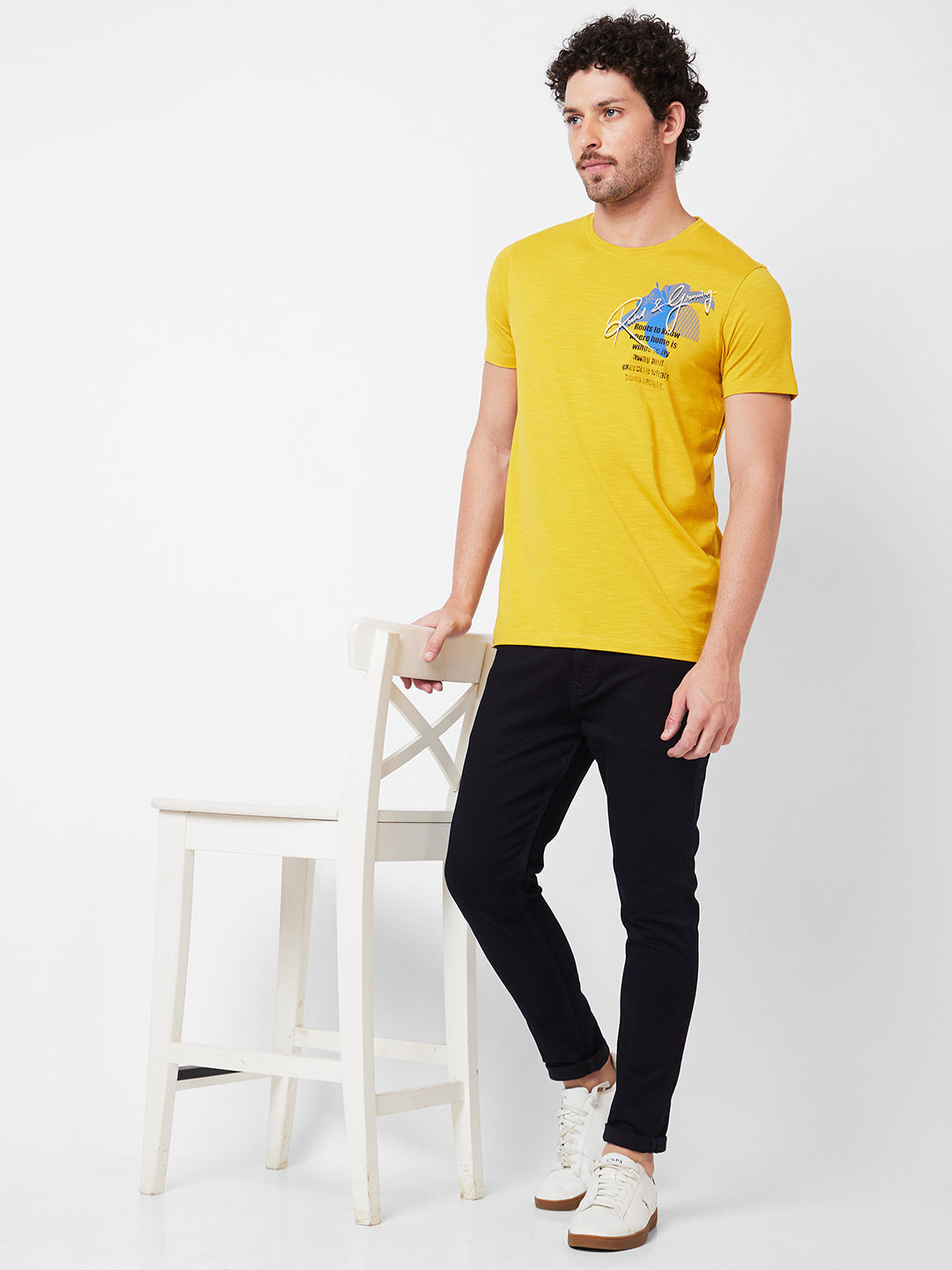 Spykar Round Neck Half Sleeves Yellow T-Shirt  For Men