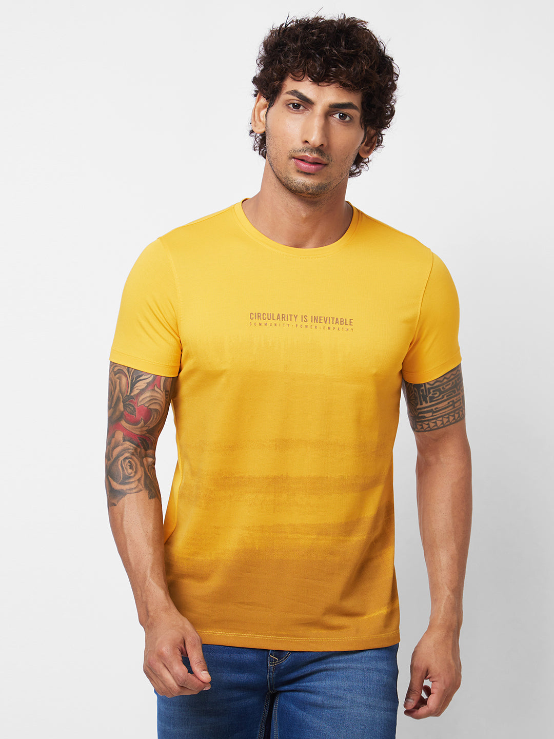 Spykar ROUND NECK HALF SLEEVES Yellow T-shirt  For Men