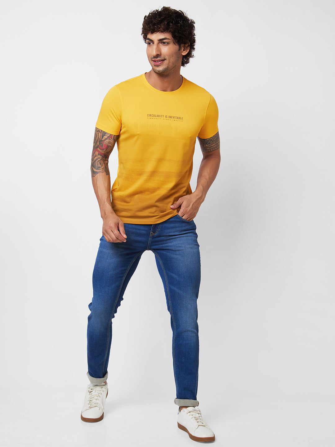 Spykar ROUND NECK HALF SLEEVES Yellow T-shirt  For Men