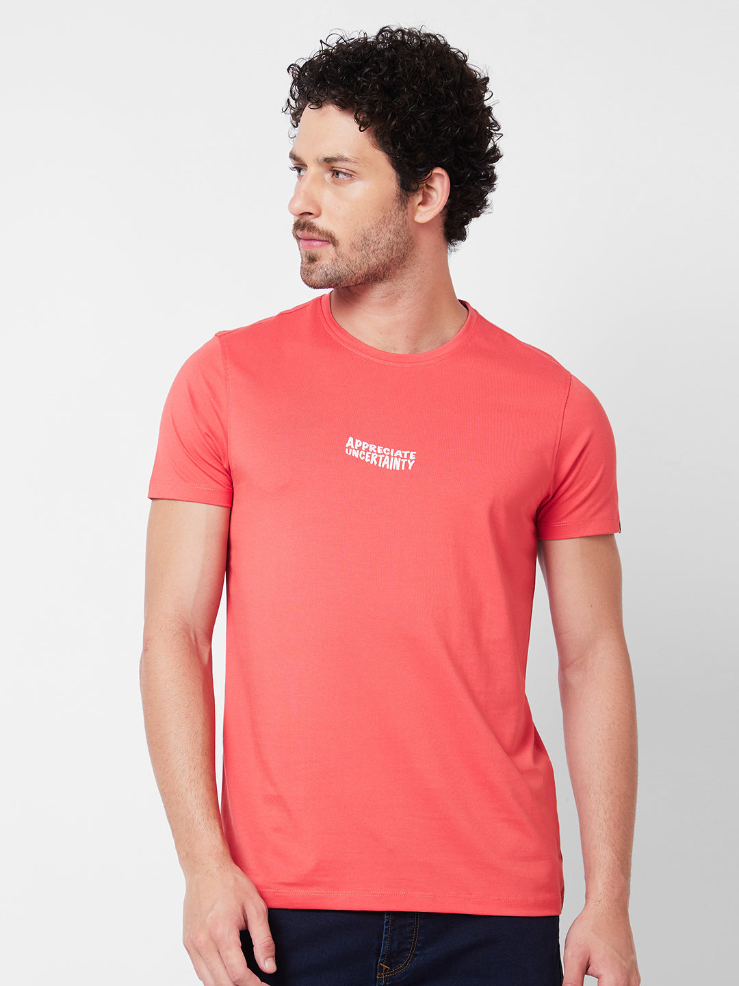 Spykar Round Neck Half Sleeves Pink T-Shirt  For Men