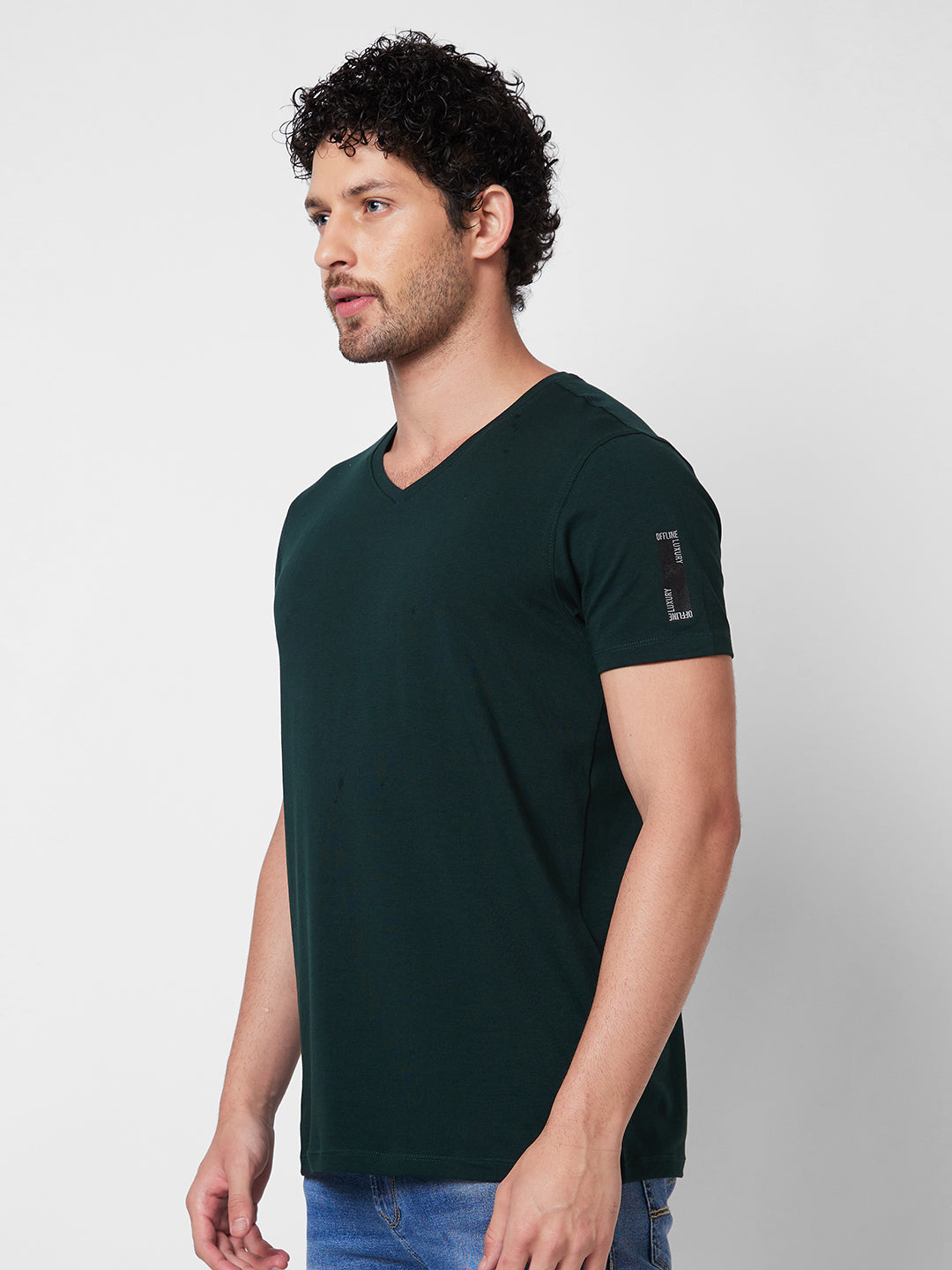 Spykar V NECK HALF SLEEVES Green T-shirt  For Men