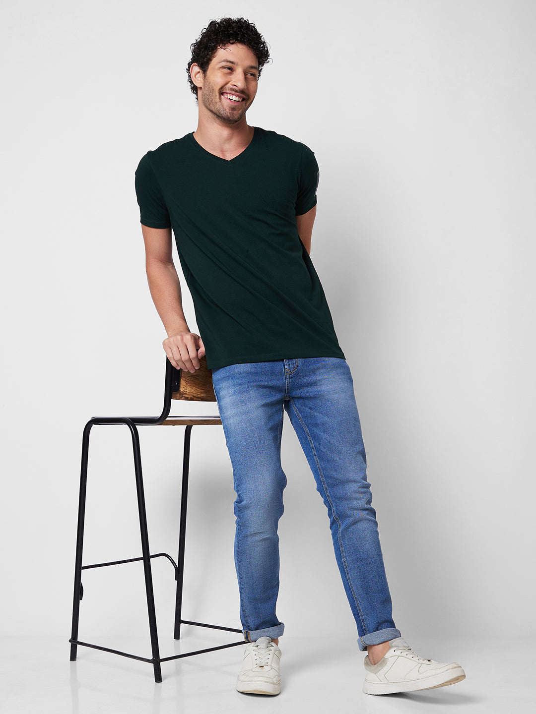 Spykar V NECK HALF SLEEVES Green T-shirt  For Men