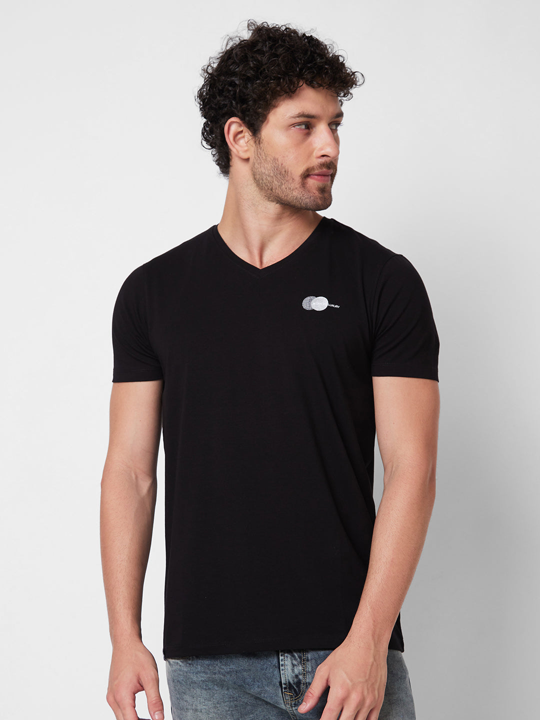 Spykar V NECK HALF SLEEVES Black T-shirt  For Men