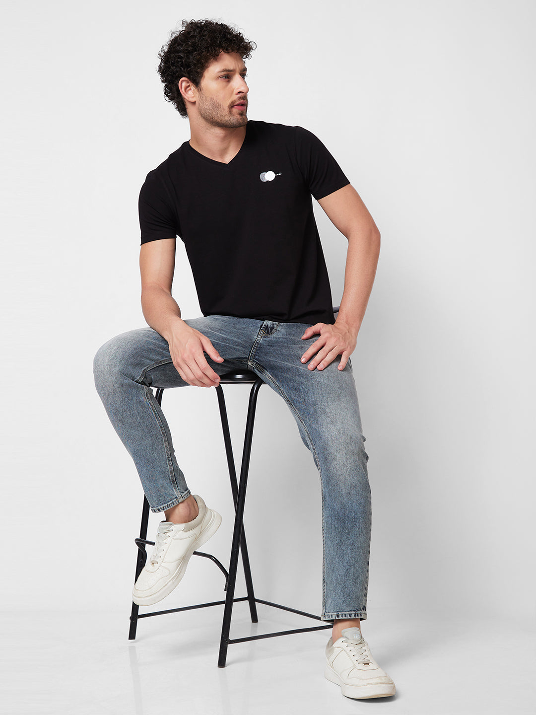 Spykar V NECK HALF SLEEVES Black T-shirt  For Men