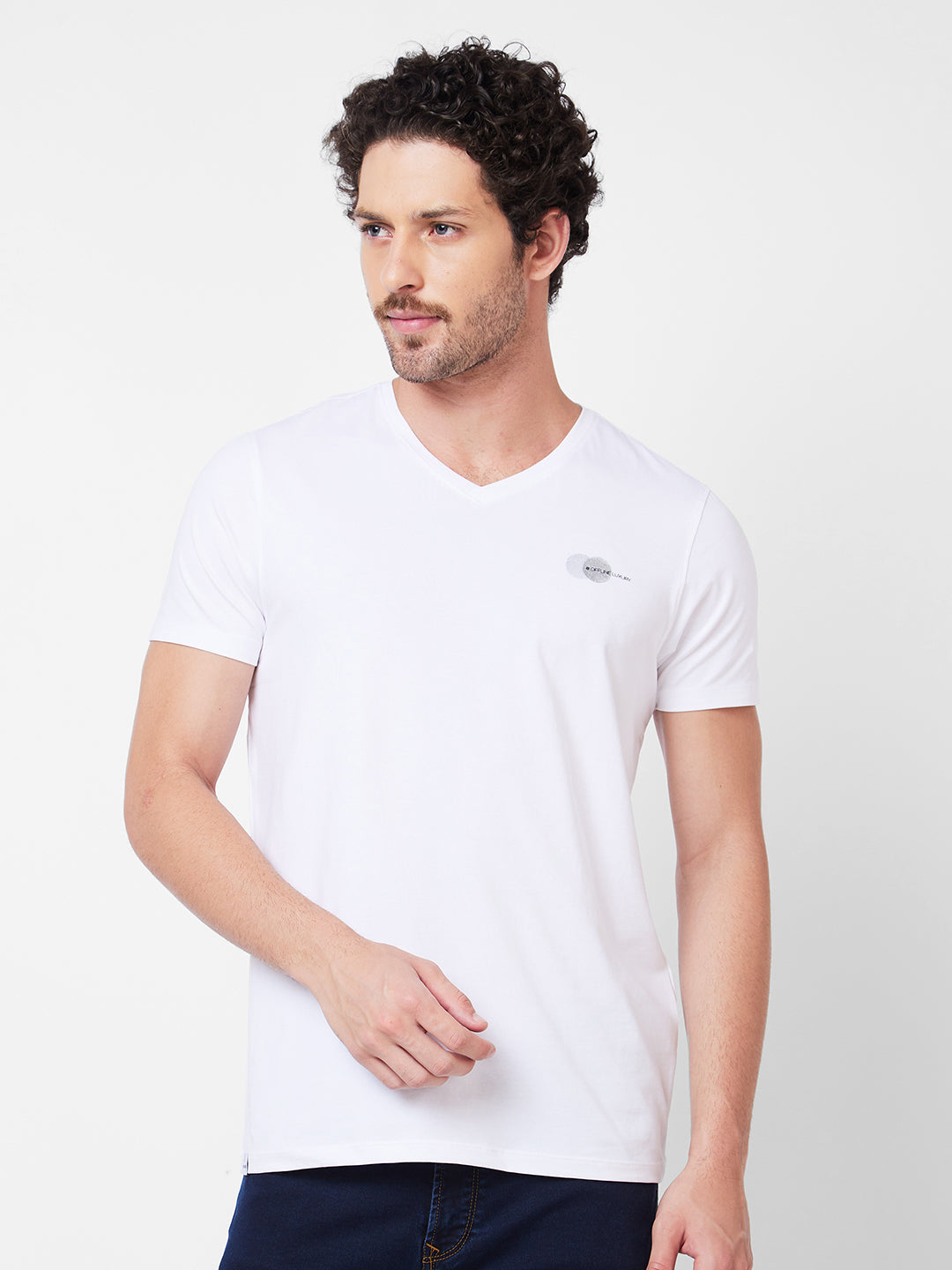 Spykar V Neck Half Sleeves White T-Shirt  For Men