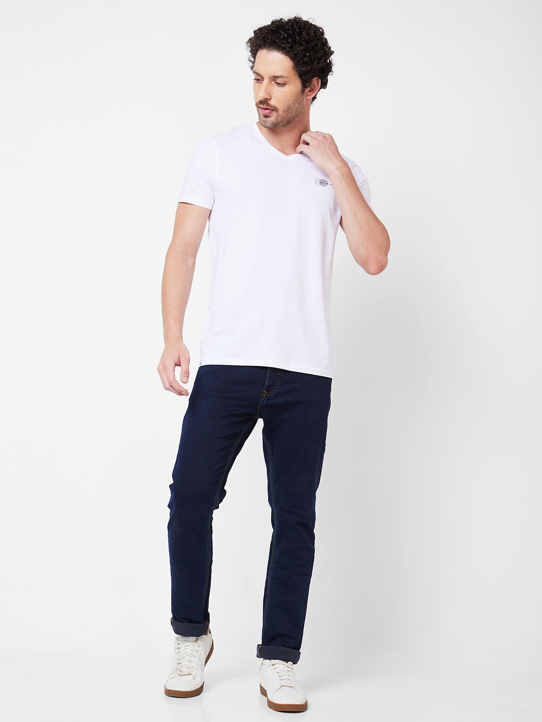 Spykar V Neck Half Sleeves White T-Shirt  For Men