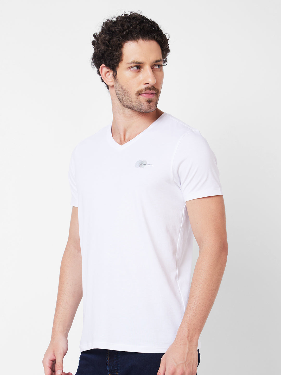 Spykar V Neck Half Sleeves White T-Shirt  For Men