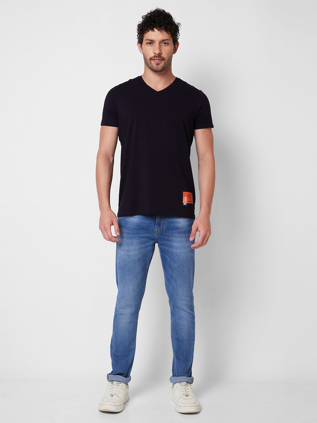 Spykar V NECK HALF SLEEVES Blue T-shirt  For Men