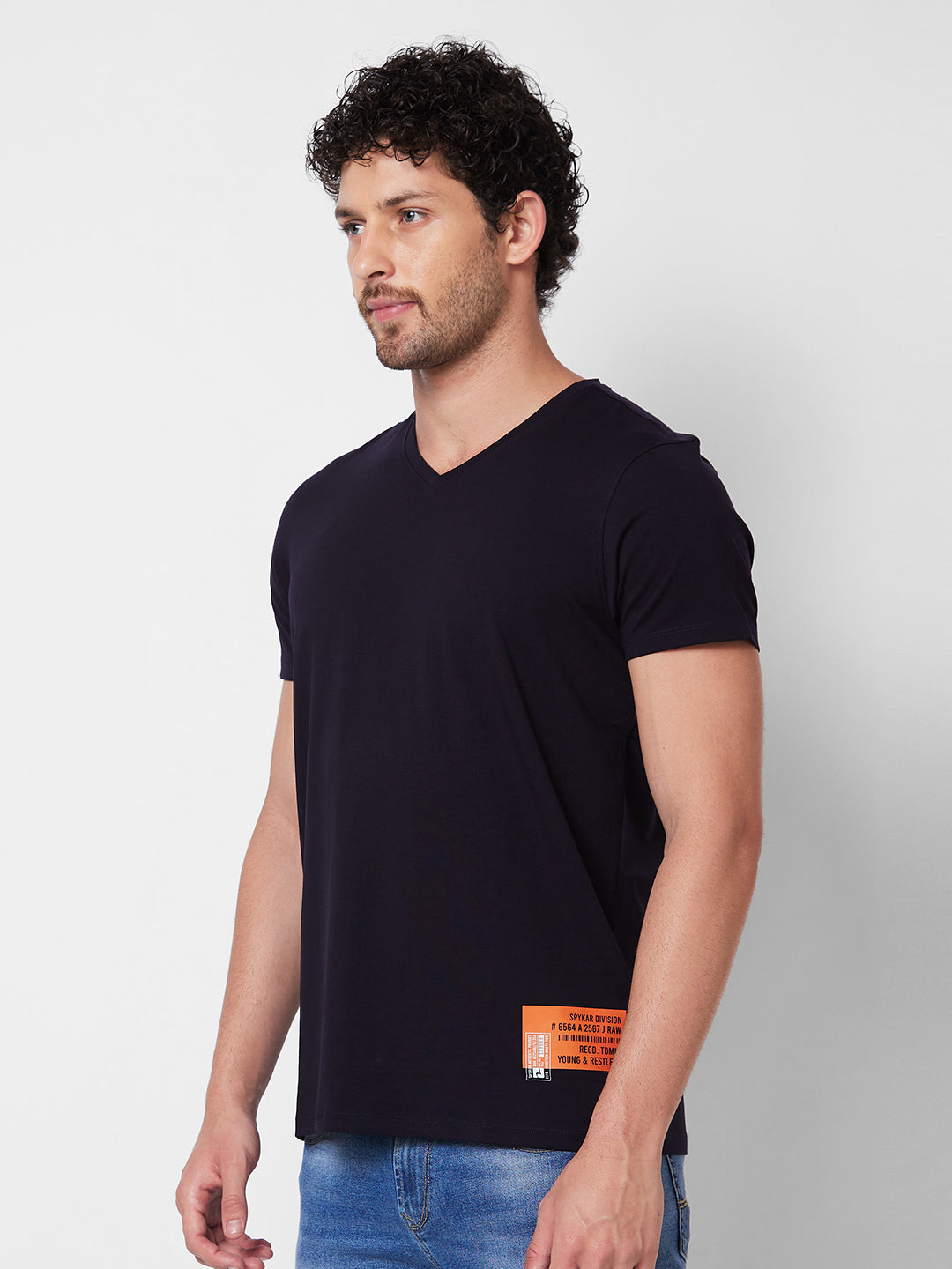 Spykar V NECK HALF SLEEVES Blue T-shirt  For Men