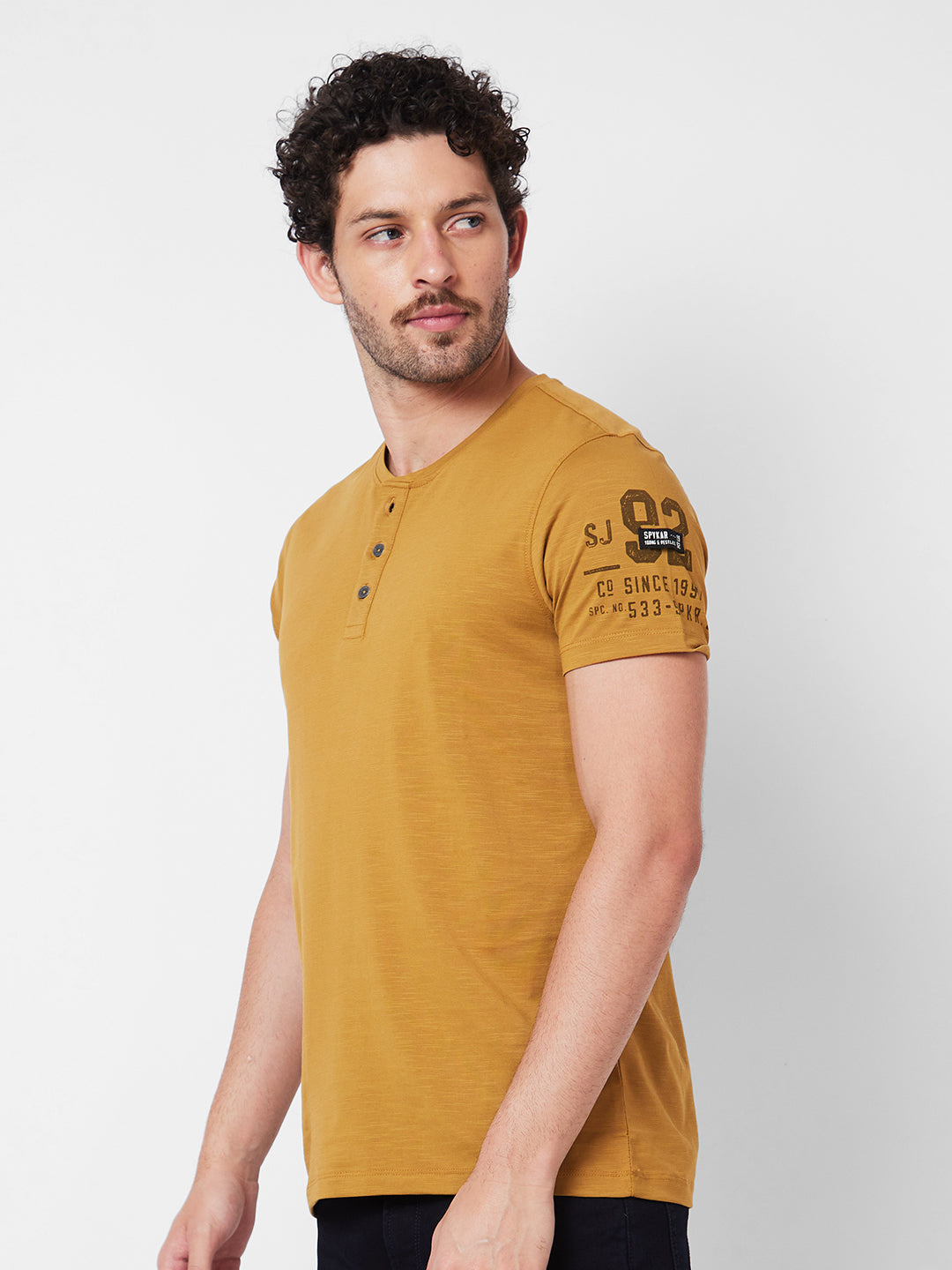 Spykar Henley Neck Half Sleeves Khaki T-Shirt  For Men