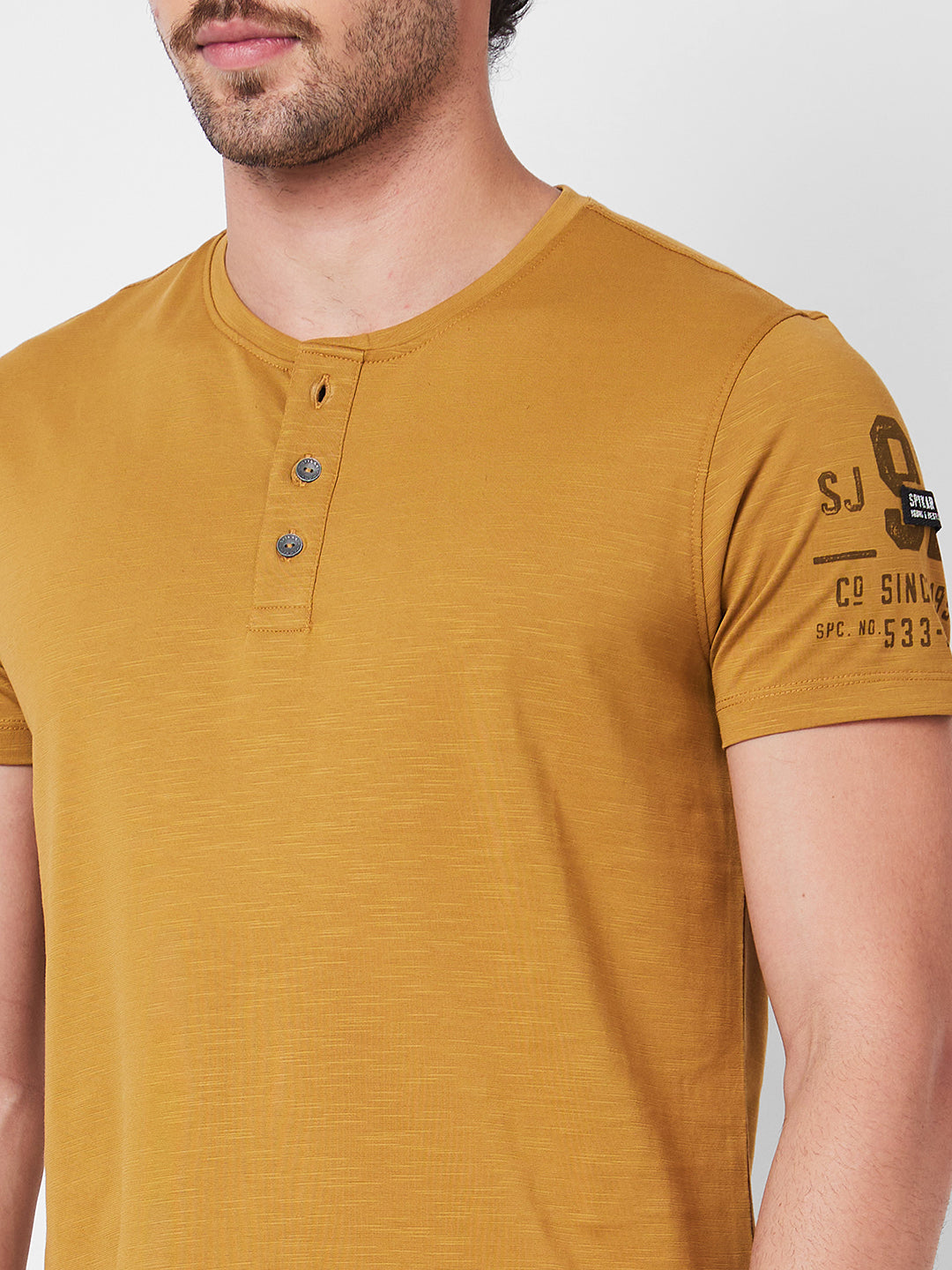 Spykar Henley Neck Half Sleeves Khaki T-Shirt  For Men