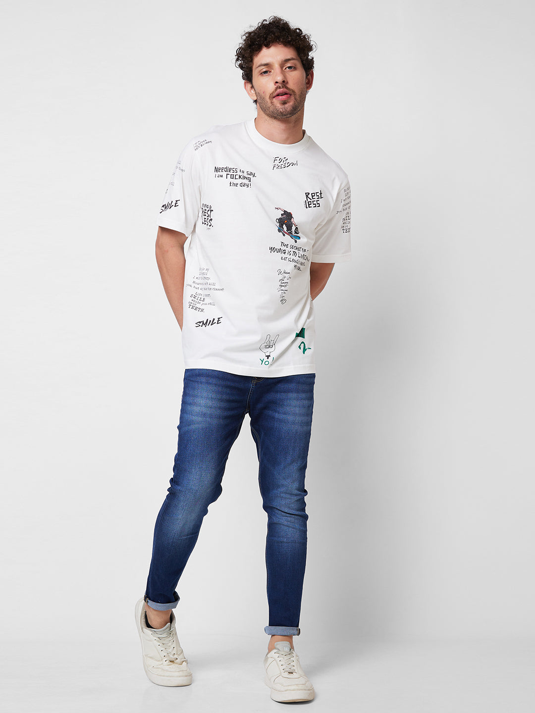 Spykar ROUND NECK HALF SLEEVES White T-shirt  For Men